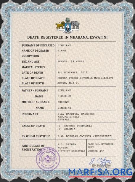 Realistic Eswatini vital record death certificate PSD template